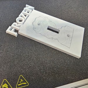 May include: A white 3D-printed light switch cover with the word "FROZEN" in raised letters. The cover features an etched design of a character from the movie, with snowflake details. The switch opening is rectangular.