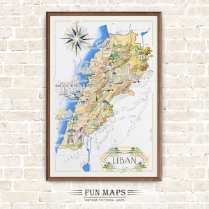 Alte Karte vom Libanon im Nahen Osten, Vintage Bildkarikatur Druck Illustration, Wand Kunst Dekor Geschenk Reise Poster Heiliges Land