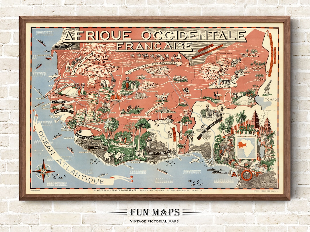 Fun Map of French West Africa Vintage Old Pictorial Cartoon