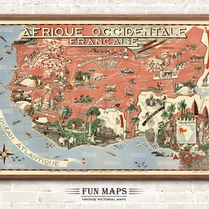 Mapa divertido da África Ocidental Francesa, vintage, antigo desenho animado, geografia, impressão, ilustração, arte de parede africana, decoração, presente, aventura, viagem, pôster