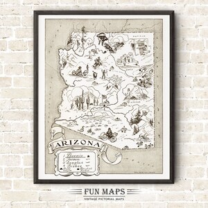 Mapa vintage del estado de Arizona: divertida ilustración pictórica y divertida, ideal para decorar paredes, regalos y pósteres.