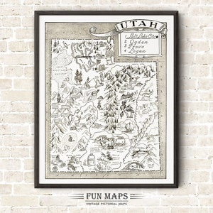 Mapa vintage del estado de Utah: divertida ilustración pictórica y divertida, ideal para decorar paredes, regalos y pósteres.