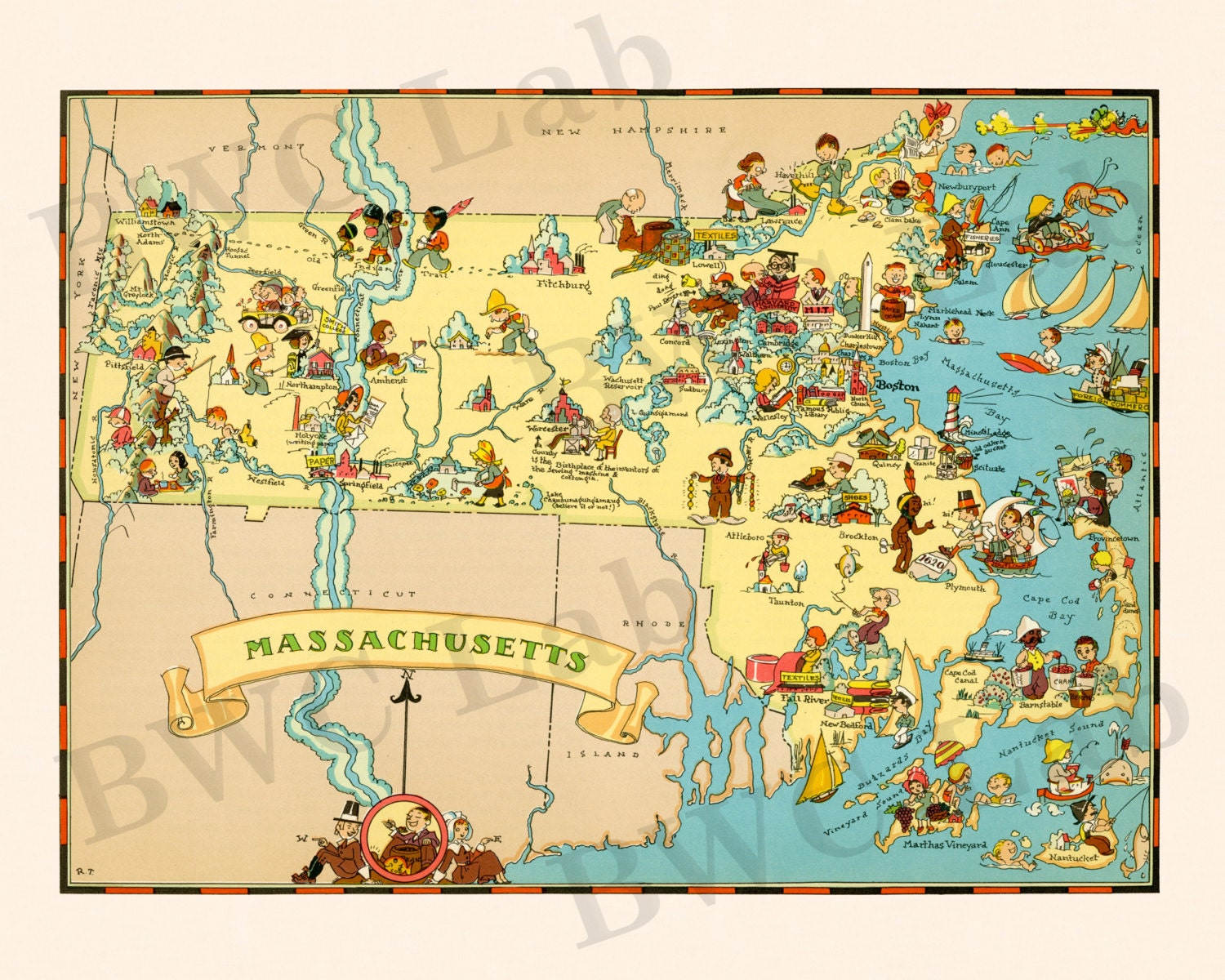 Boston Antique Vintage Pictorial Map Postcard size 