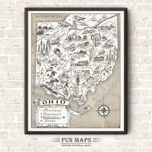 Mapa vintage del estado de Ohio: divertida ilustración pictórica y divertida, ideal para decorar paredes, regalos y pósteres.