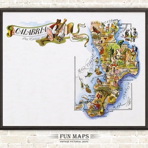 Mapa divertido de Calabria en Italia, dibujo animado antiguo, ilustración, arte mural italiano, regalo, póster de viaje, mapa de aventuras