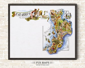 Fun Map of Calabria in Italy Vintage Pictorial Whimsical Cartoon Old Print Illustration Italian Wall Art Gift Travel Poster Adventure Map