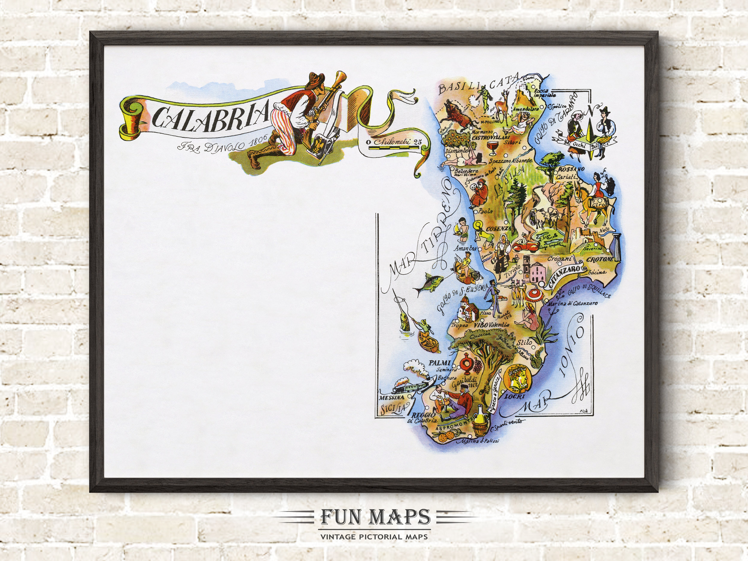 Fun Map of Calabria in Italy Vintage Pictorial Whimsical Cartoon Old Print Illustration Italian Wall Art Gift Travel Poster Adventure Map
