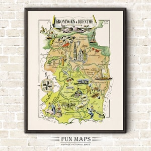 Carte amusante de Groningue et de la Drenthe aux Pays-Bas, illustration vintage d'impression picturale Hollande | Aventure | Art mural décoratif | Cadeau