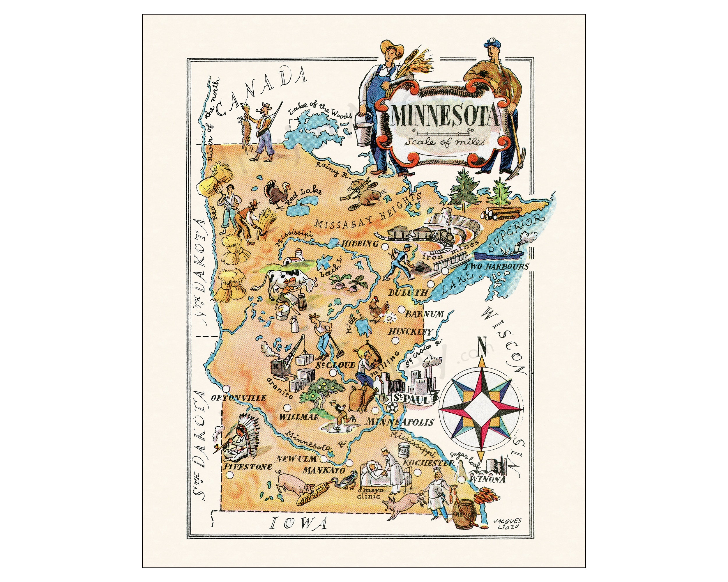Fun State Map of Minnesota – Vintage Pictorial Whimsical Cartoon Print ...