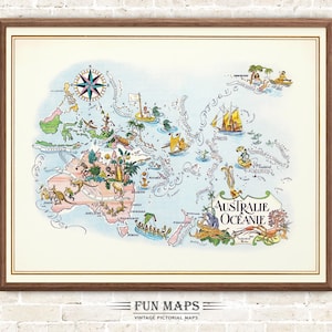 Spaß Karte der Region Ozeanien einschließlich Australien und Neuseeland Vintage bildliche wunderliche alte Druck Illustration Wand Kunst Reise Poster