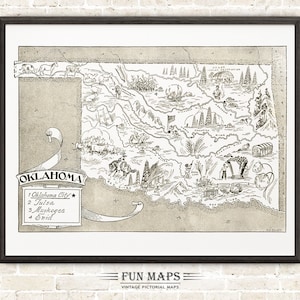 Mapa vintage del estado de Oklahoma: ilustración divertida, pictórica y divertida, para decorar paredes, regalos y pósteres.