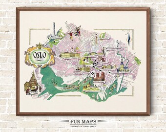 Fun Map of Norway Oslo Streets Vintage Pictorial Whimsical Print Illustration Scandinavian Wall Art Travel Poster Nordic Adventure Map