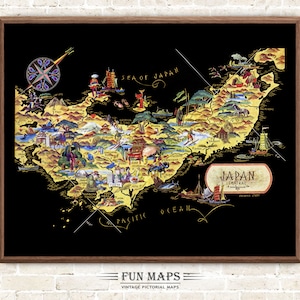 Mapa del centro de Japón: divertida ilustración vintage pictórica, caprichosa, de dibujos animados, antigua impresión, aventura, arte de pared, decoración, regalo, póster, geografía