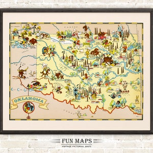 Mapa divertido del estado de Oklahoma: ilustración vintage con dibujos animados, aventura, decoración de pared, póster de regalo