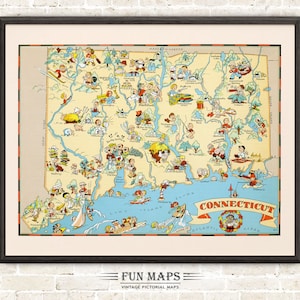 Mapa divertido del estado de Connecticut: ilustración vintage con dibujos animados, aventura, decoración de pared, póster de regalo