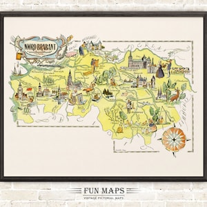 Carte amusante du Brabant septentrional (Noord Brabant) aux Pays-Bas, illustration vintage d'impression picturale Hollande | Aventure | Art mural
