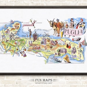 Mapa divertido de Puglia en Italia, dibujo animado antiguo, ilustración, arte mural italiano, regalo, póster de viaje, mapa de aventuras