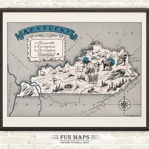 Mapa divertido de Kentucky: Ilustración vintage de dibujos animados de Johst, decoración de pared, póster de regalo
