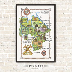 Mapa divertido de Baja Sajonia en Alemania (Deutschland, DE): Ilustración vintage con dibujos animados de Adventure Wall Art.