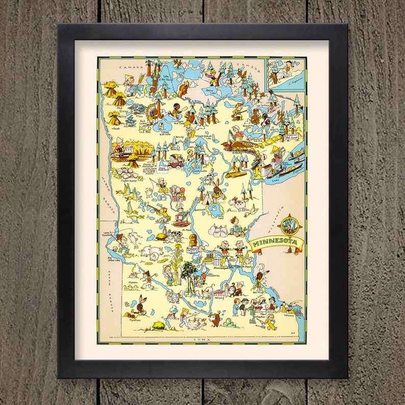 Fun State Map of Minnesota – Vintage Pictorial Whimsical Cartoon Print ...