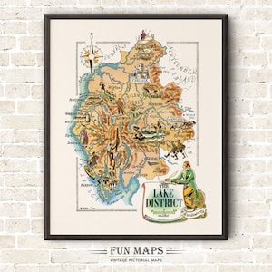 Lustige Karte von Seenplatte in Grossbritannien, England, UK, Vintage Bilddruck Illustration Abenteuer Wand Kunst Dekor Geschenk Poster