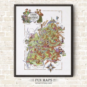 Carte amusante de la Savoie et du Dauphiné, une province française, France, France - vintage illustration impression dessin animé lunatique pictural aventure