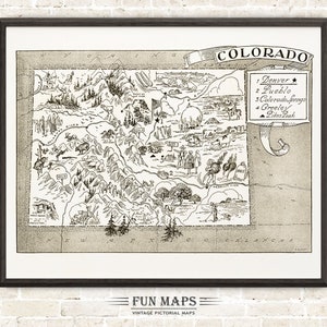Mapa vintage del estado de Colorado: divertida ilustración pictórica con dibujos animados, aventura, decoración de pared, regalo y póster.