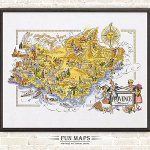 Spaß Karte der Provence eine französische Provinz, Frankreich, FR - Vintage bildliche wunderliche Cartoon Druck Illustration Abenteuer Wandkunst
