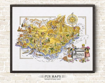 Fun Map of Provence a French Province, France, FR - Vintage Pictorial Whimsical Cartoon Print Illustration Adventure Wall Art