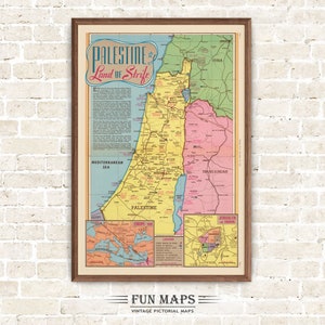 Mapa antiguo de Palestina en Oriente Medio, ilustración de caricatura pictórica vintage, decoración de pared, regalo, póster de viaje.