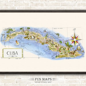 Carte amusante de Cuba dans les Caraïbes - Illustration vintage d'impression de dessin animé lunatique pictural | Aventure | Poster cadeau déco murale