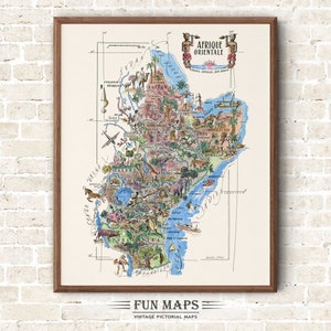 Mapa divertido de África Oriental, dibujo animado antiguo, ilustración, arte mural africano, regalo, póster de viaje, mapa de aventuras