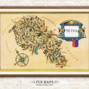 Mapa divertido del Tesino en Suiza: ilustración antigua, pictórica, caprichosa, de dibujos animados, aventura, arte de pared, decoración, regalo, póster, viaje.
