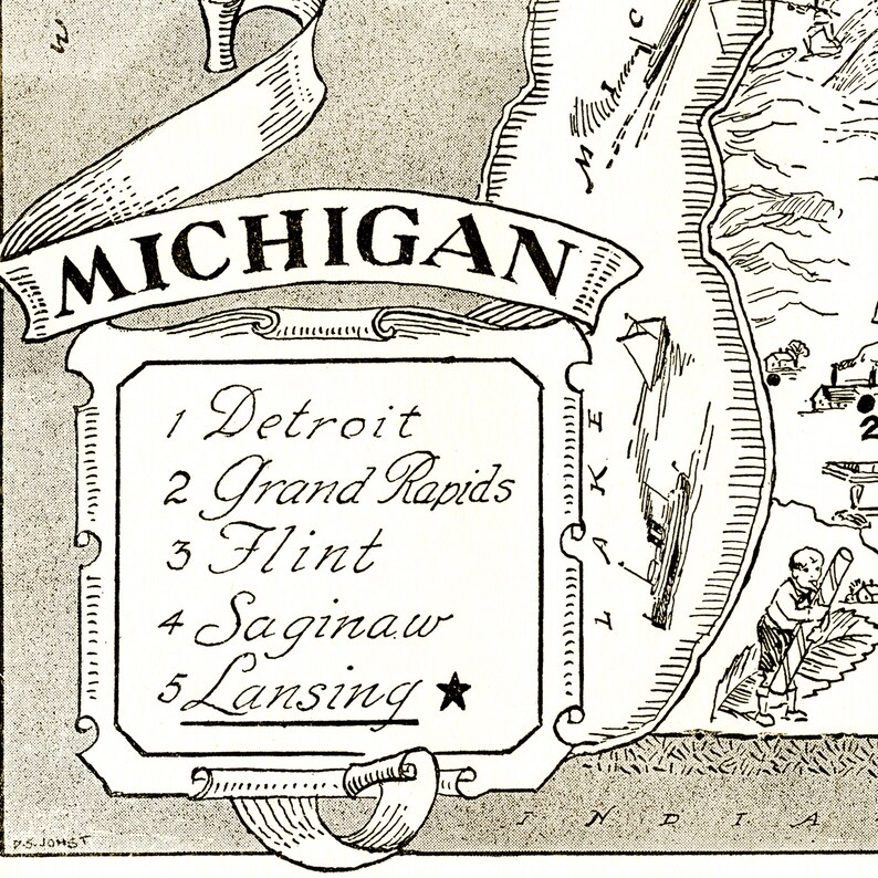 Vintage State Map of Michigan Fun Pictorial Whimsical - Etsy
