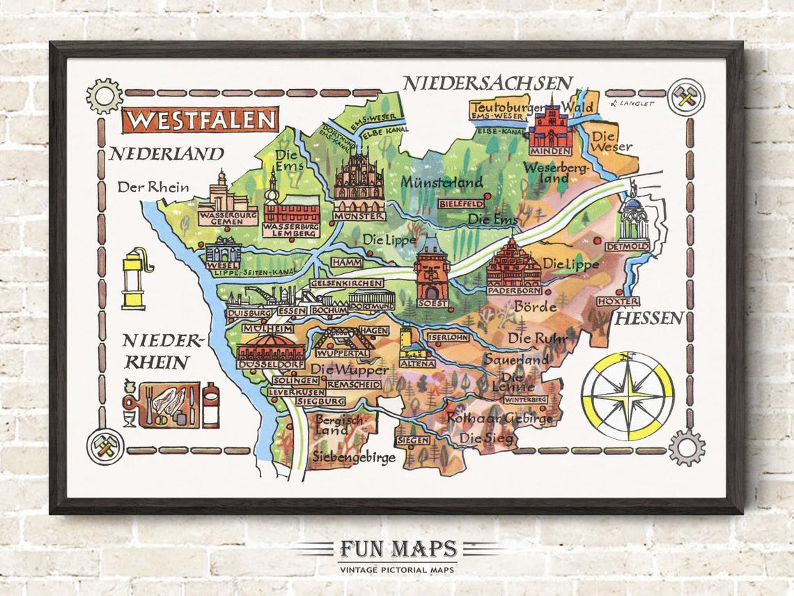 Fun Map of Westphalia in Germany, Deutschland, DE - Vintage Pictorial ...