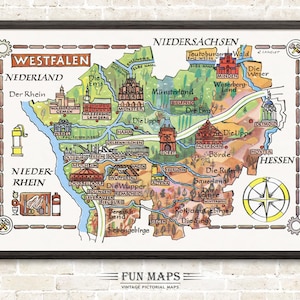 Mapa divertido de Westfalia en Alemania (DE): Ilustración vintage con dibujos animados de Adventure Wall Art.