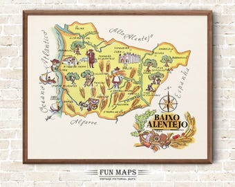 Fun Map of Baixo Alentejo in Portugal Vintage Pictorial Whimsical Cartoon Old Print Illustration Wall Art Gift Travel Poster Adventure Map