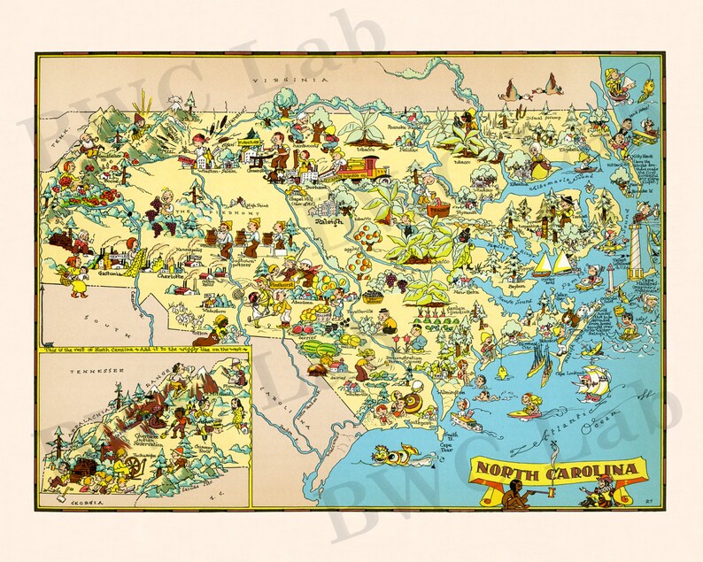 Pictorial Map of North Carolina Colorful Fun Illustration of | Etsy