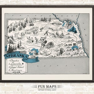 Mapa divertido de Nebraska: Ilustración vintage de dibujos animados de Johst, decoración de pared, póster de regalo