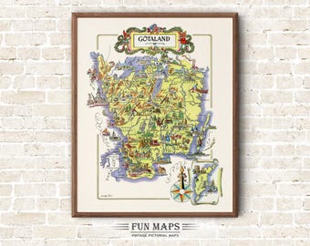 Fun Map of Gotland in Sweden Vintage Pictorial Whimsical Print Illustration Scandinavian Wall Art Travel Poster Nordic Adventure Map