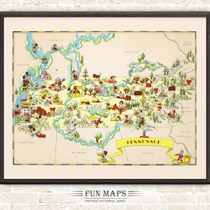 Mapa divertido del estado de Tennessee: ilustración vintage con dibujos animados, aventura, decoración de pared, póster de regalo