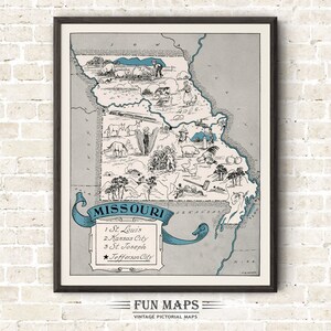 Mapa divertido de Misuri: Ilustración vintage de dibujos animados de Johst, decoración de pared, póster de regalo