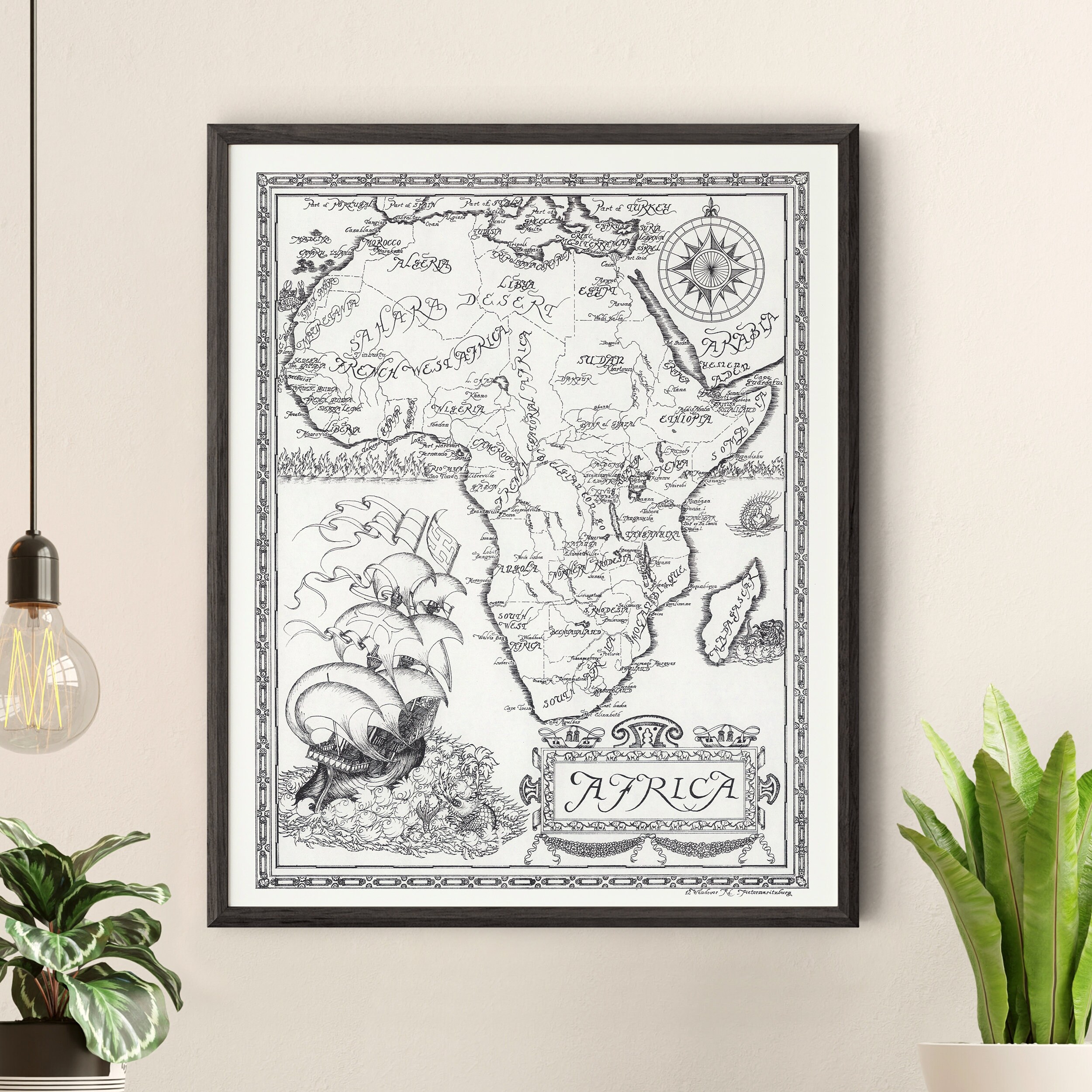Map of Africa - Pictorial Vintage Print Old Pen & Ink Illustration of ...