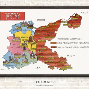 Mapa divertido de Alemania central, Deutschland, DE: ilustración de dibujos animados vintage con ilustraciones extravagantes de Adventure Wall Art Décor