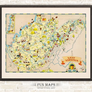 Mapa del estado de Virginia Occidental, ilustración vintage, dibujo animado, aventura, decoración de pared, póster de regalo