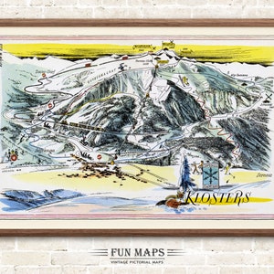 Fun Ski Run Piste Karte von Klosters in den Schweizer Alpen, Schweiz, Vintage bildliche Cartoon Druck Illustration, Wand Kunst Dekor Geschenk