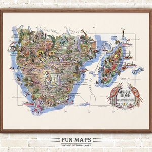 Mapa divertido de Sudáfrica, dibujo animado antiguo, ilustración, regalo, arte mural africano, póster de viaje, mapa de aventuras