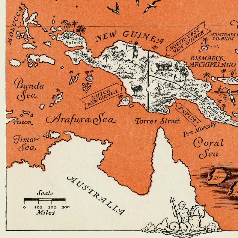 Map of Islands in Micronesia &amp; Melanesia Fun Vintage Pictorial Animated ...