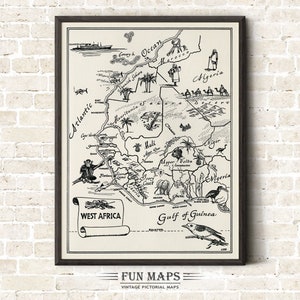 Karte von Westafrika - Vintage Bildliche Spaß Cartoon alte Druck Illustration Bild Landkarte Geographie Afrikaner Wand Kunst Dekor Geschenk Poster Reise