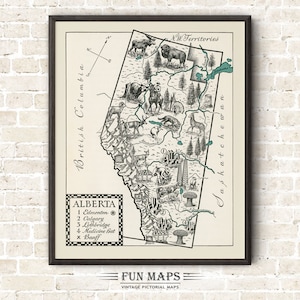 Mapa de Alberta, Canadá: Divertida ilustración vintage con dibujos animados, impresiones antiguas, aventuras, arte de pared, decoración, regalo, póster, viajes.